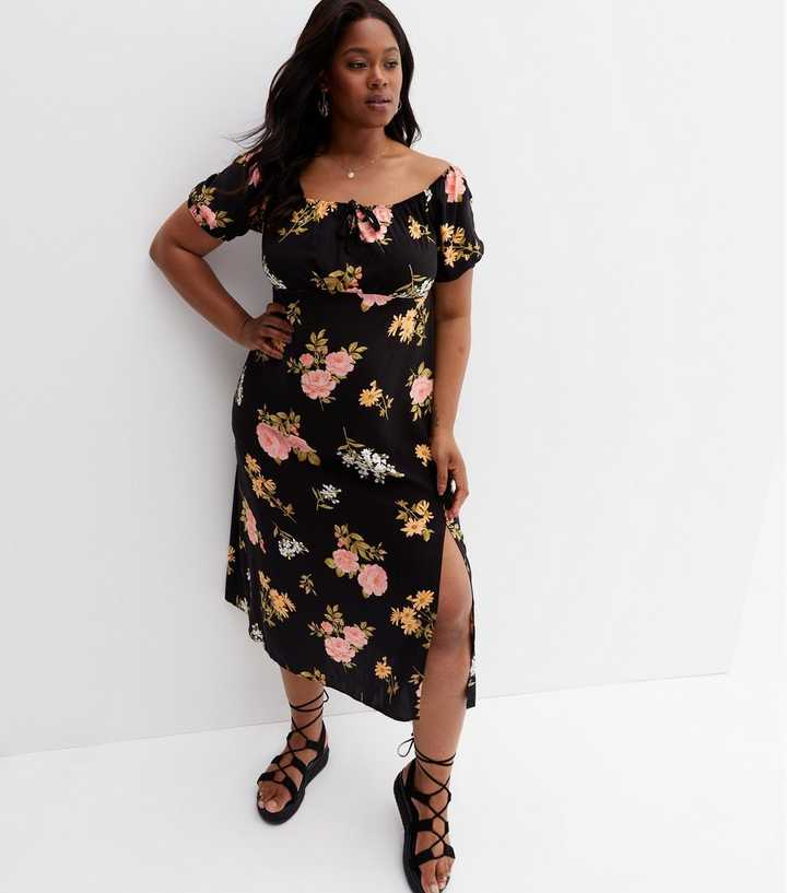 Black Floral Puff Sleeve Bardot Midi Dress | New Look