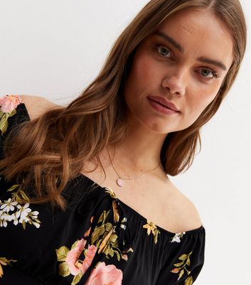 Black Floral Puff Sleeve Bardot Midi 