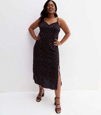 Curves Black Ditsy Floral Strappy Midi Slip Dress New Look