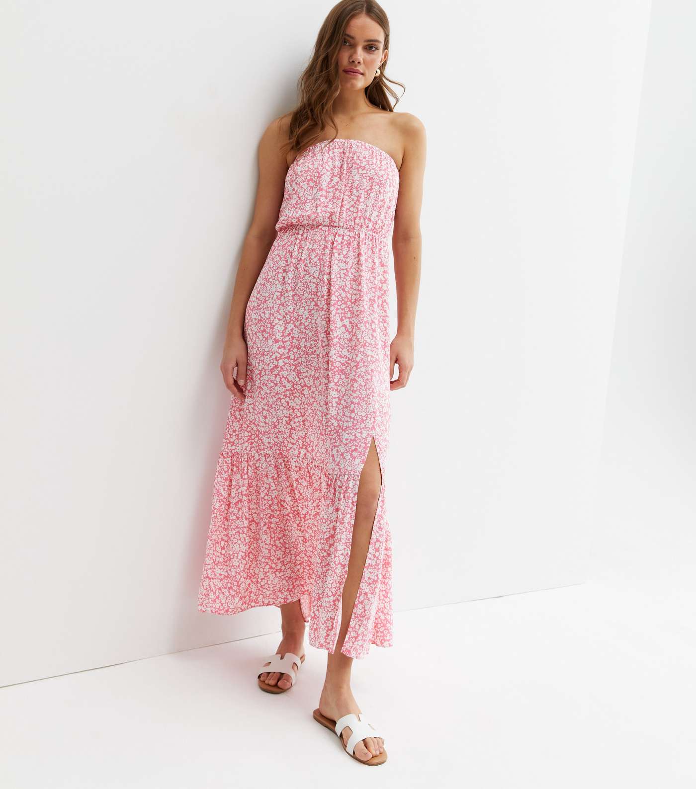 Pink Floral Split Hem Bandeau Maxi Dress