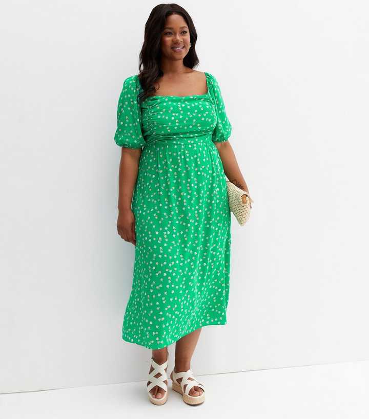 new look green floral midi dress Ditsy Square Neck HWBM