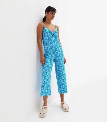 Damen Bekleidung Blue Floral Strappy Tie Front Crop Wide Leg Jumpsuit Damen Bekleidung Blue Floral Strappy Tie Front Crop Wide Leg Jumpsuit