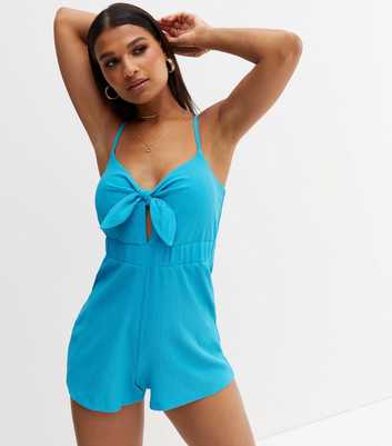 Bright Blue Crinkle Strappy Tie Front Playsuit