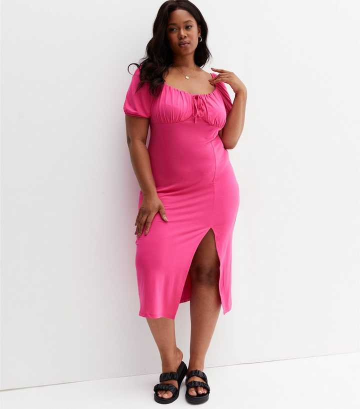 Bright Pink Sweetheart Neck Corset Midi Dress