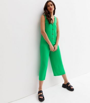 Green Herringbone Button Up Wide Leg Crop Jumpsuit | New Look