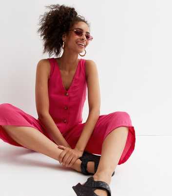 Bright Pink Herringbone Button Up Wide Leg Crop Jumpsuit
