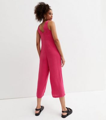 Bright Pink Herringbone Button Up Wide Leg Crop Jumpsuit New Look