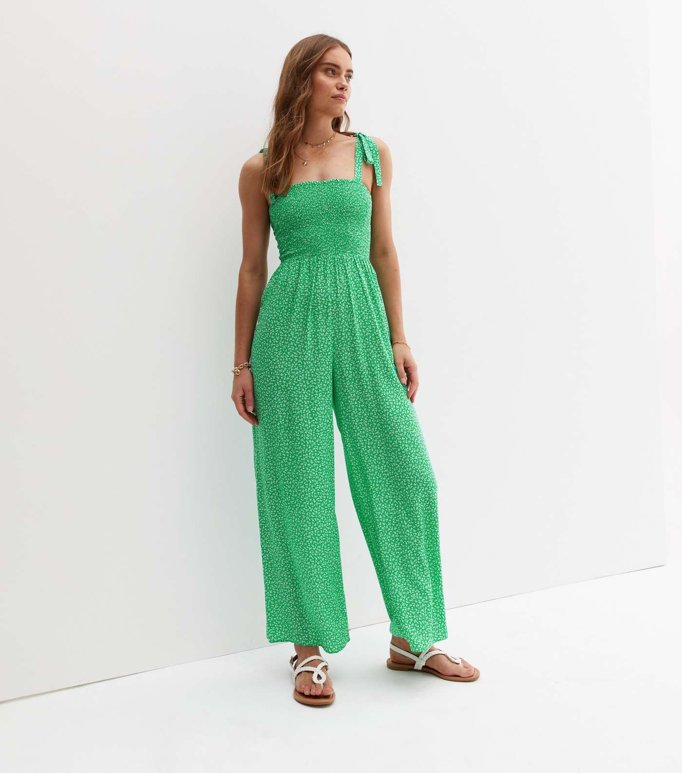 Green Ditsy Floral Shirred Square Neck Jumpsuit Image 2