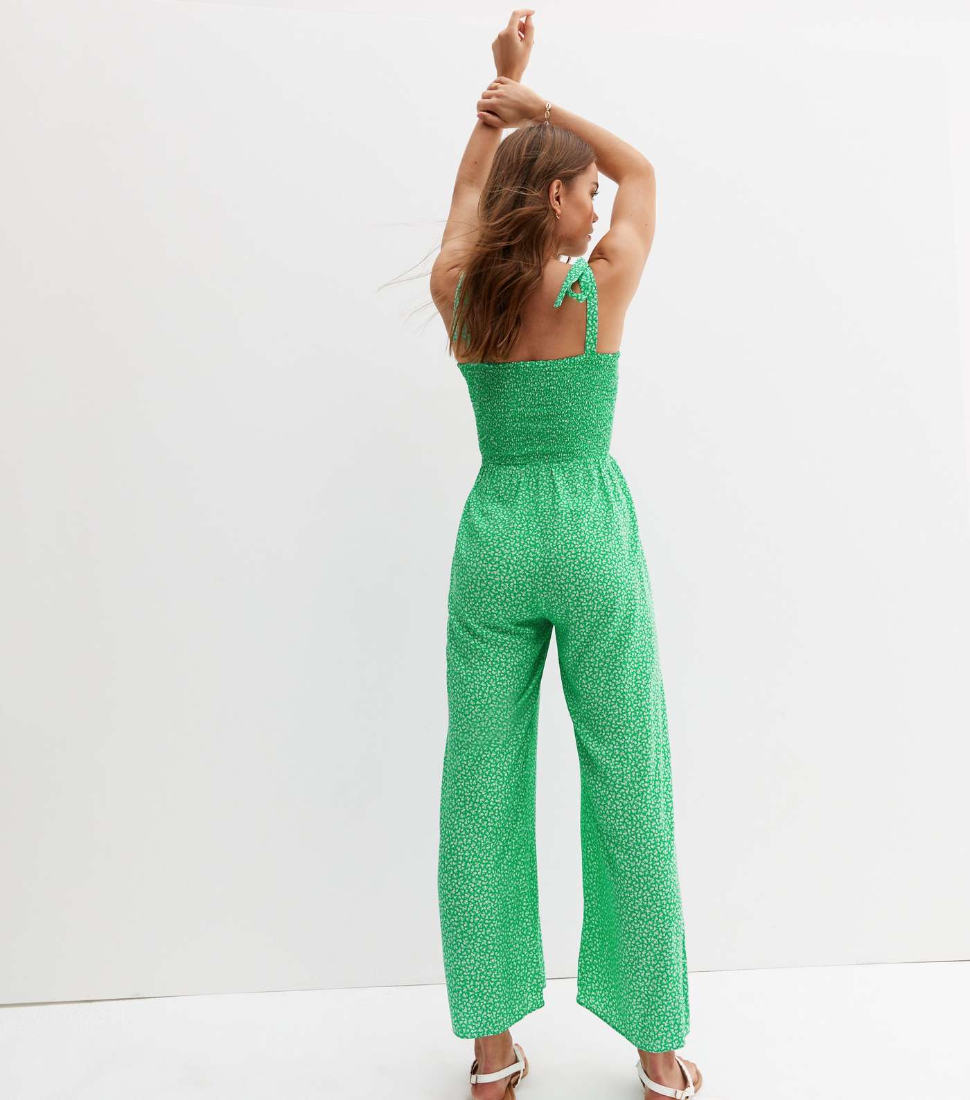 Green Ditsy Floral Shirred Square Neck Jumpsuit Image 4