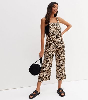 Brown Leopard Print Crop Dungaree Jumpsuit New Look