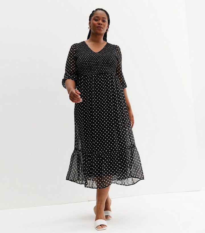 Curves Black Spot Chiffon Shirred V Neck Tiered Midi Dress