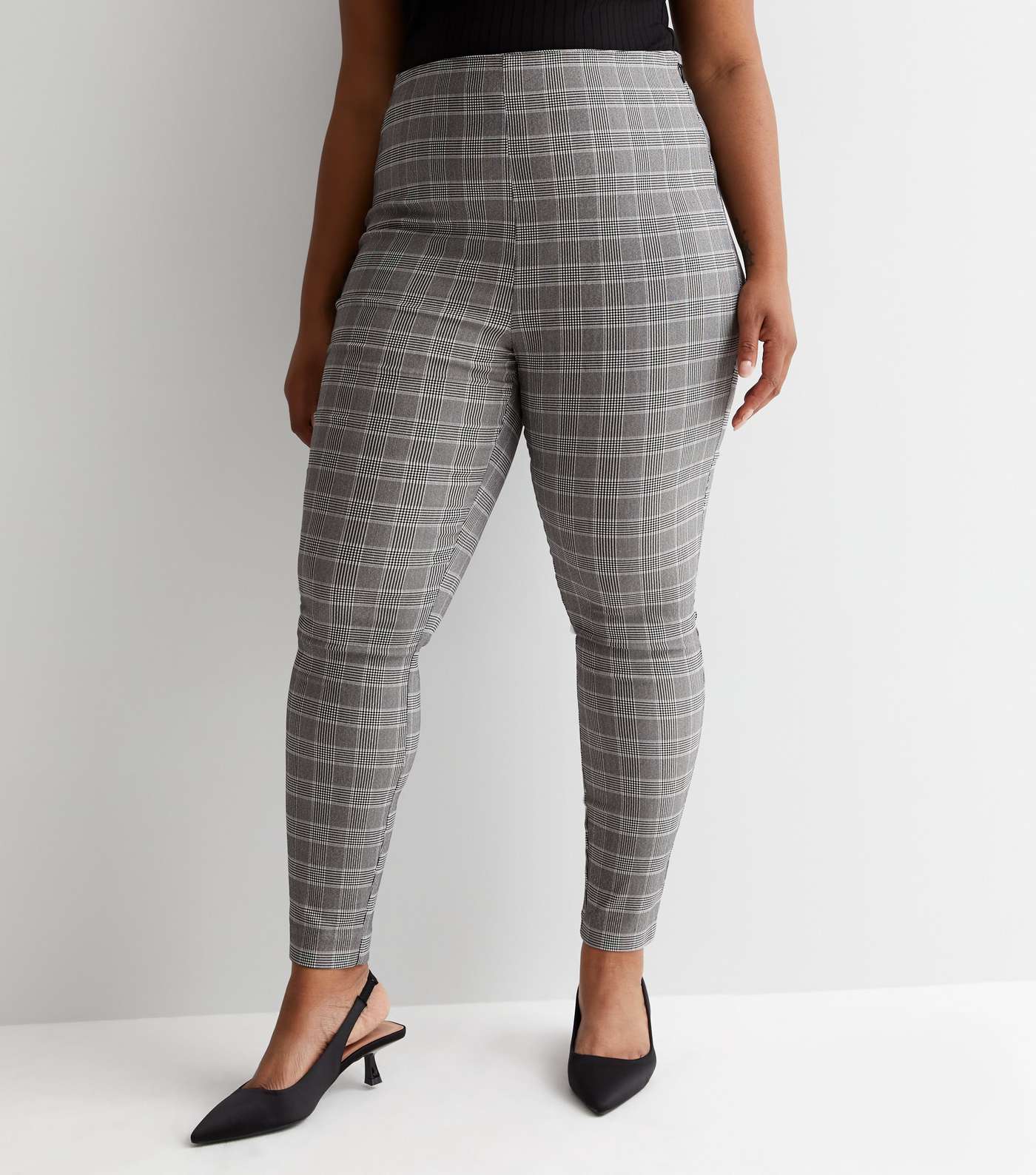 Curves Black Check High Waist Skinny Trousers Image 2