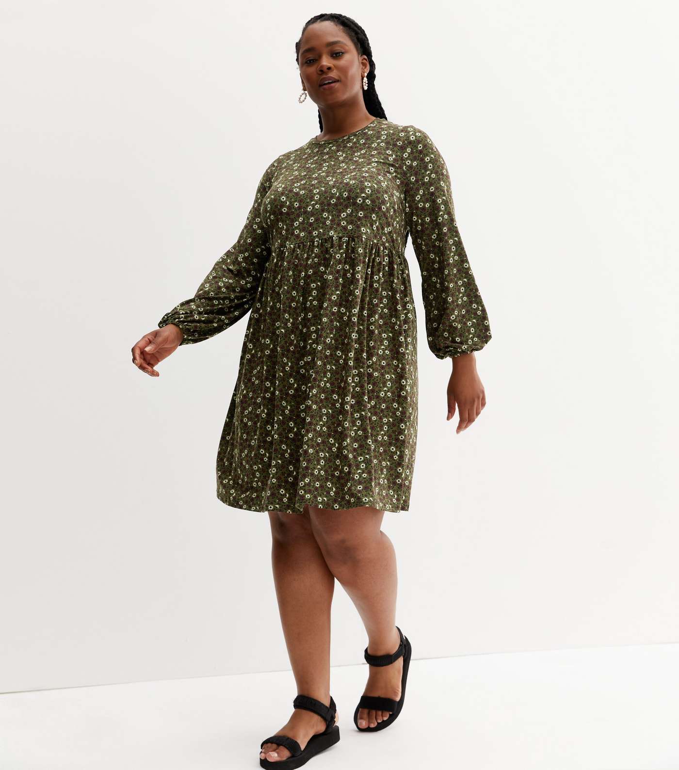 Curves Ditsy Floral Soft Touch Long Sleeve Mini Dress Image 2