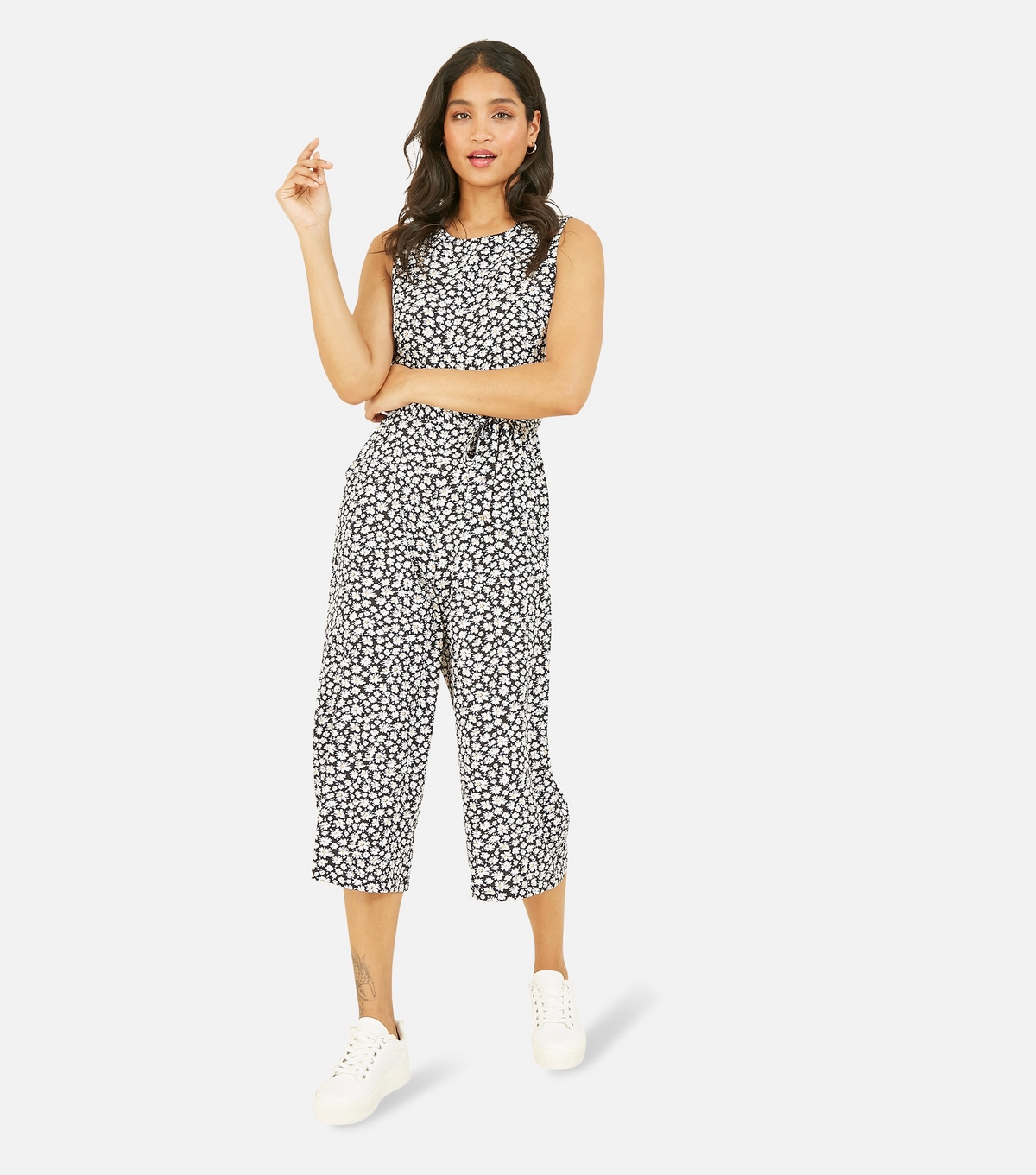 Women's Black Daisy Tie Waist Sleeveless Crop Jumpsuit Mela New Look