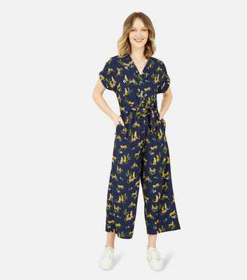 Yumi Navy Cheetah Print Belted Wide Leg Jumpsuit