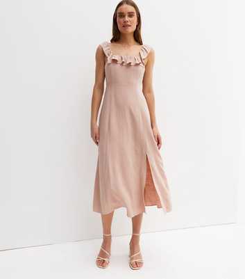 Pale Pink Linen-Look Frill Square Neck Midi Dress