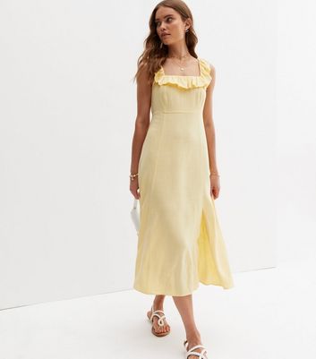 Pale Yellow Linen-Look Frill Square Neck Midi Dress