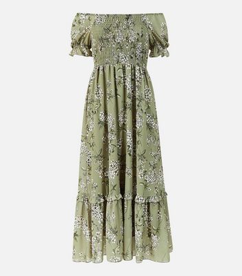 Yumi Green Floral Shirred Frill Tiered Midi Dress New Look