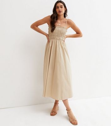 Camel Poplin Shirred Square Neck Strappy Midi Dress