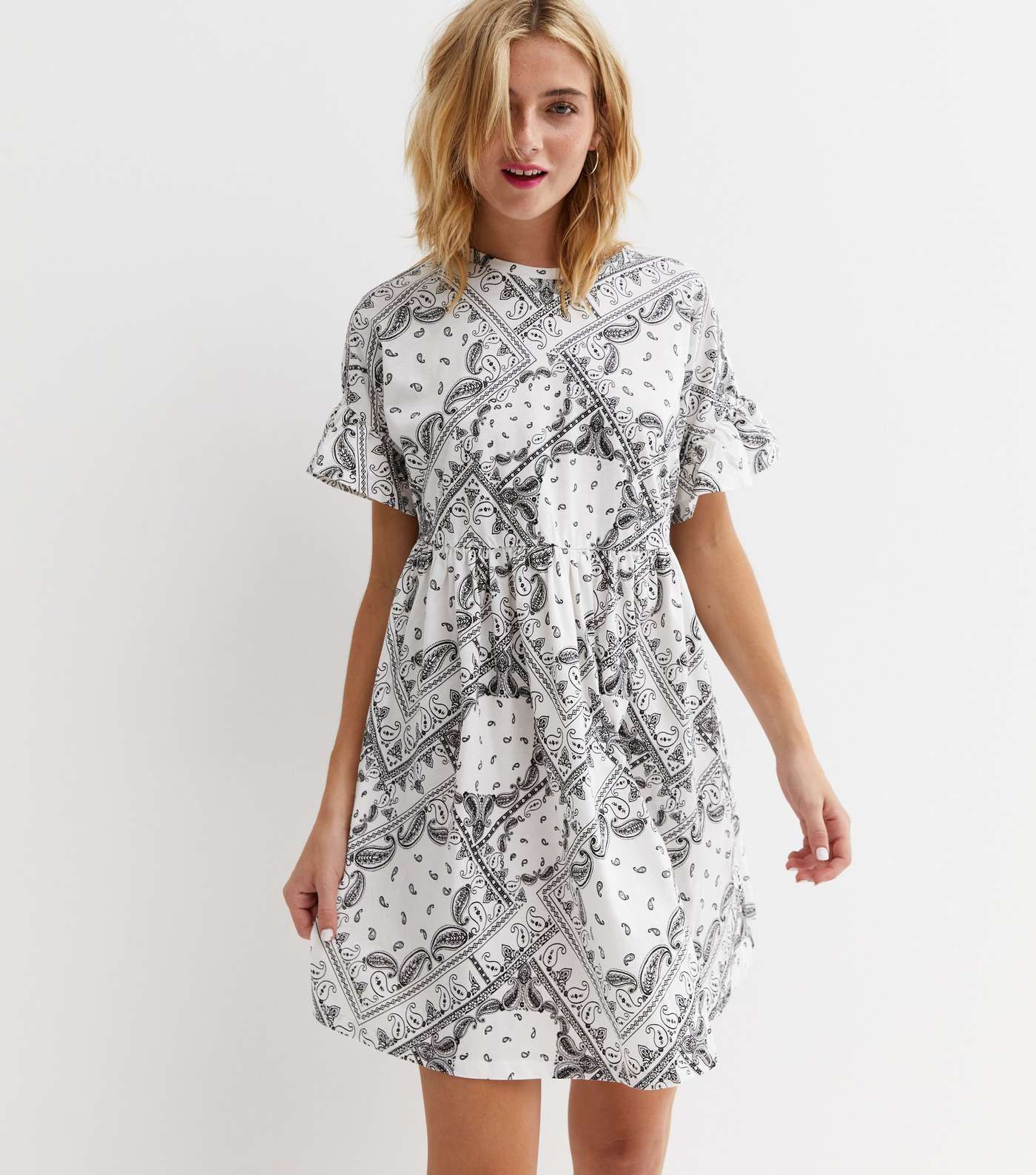 White Tile Print Frill Sleeve Mini Smock Dress