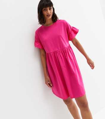 Bright Pink Frill Mini Smock Dress