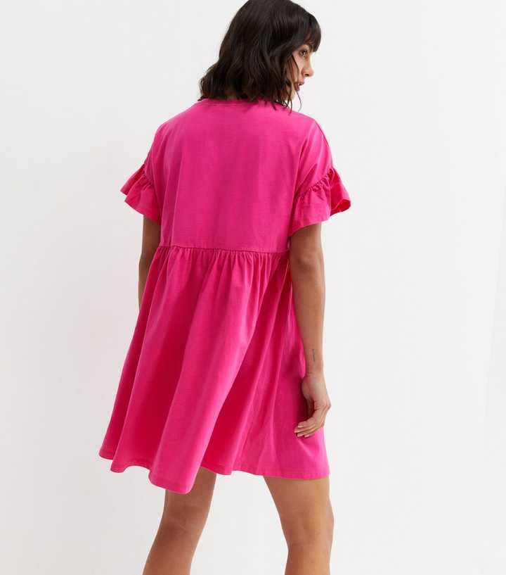 bright pink smock dress Drew Flutter Sleeve Smock Dress in Hot Pink S