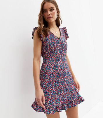 Blue Floral Crinkle Jersey Frill Sleeve Tea Dress