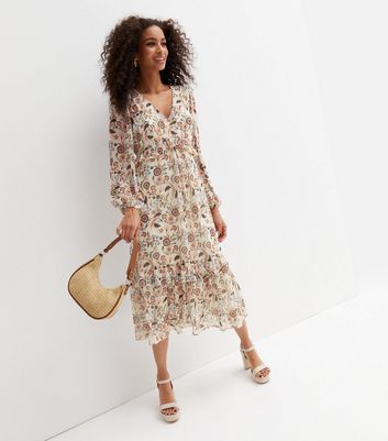 Brown Floral Chiffon Frill Tiered Midi Dress