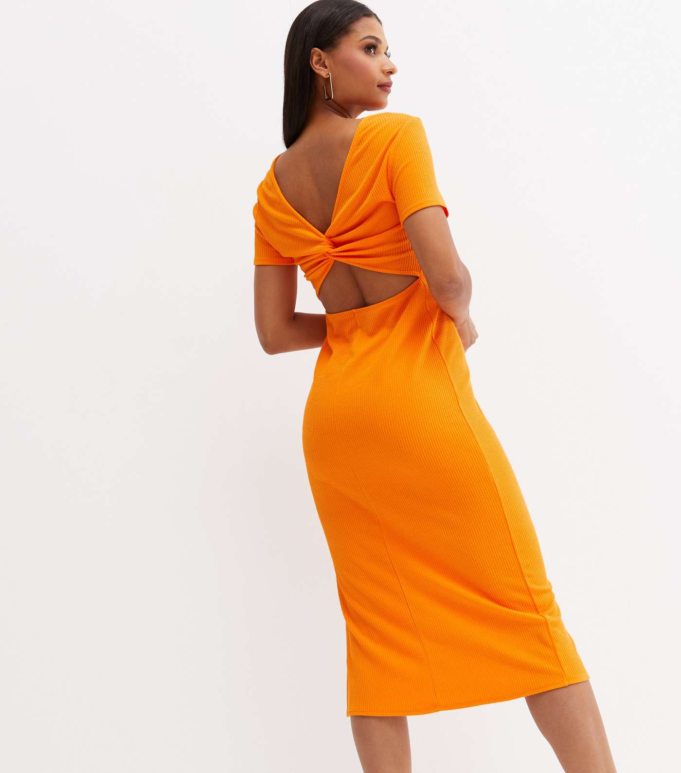 Orange Textured Ribbed Open Back Midi Bodycon Dress Image 4