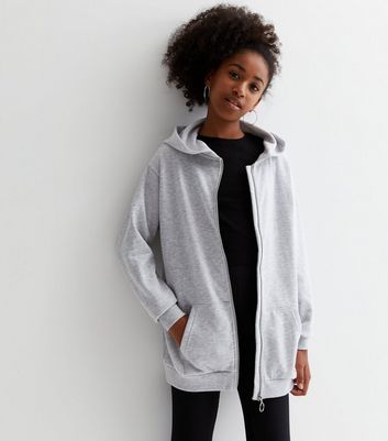 Girls Grey Zip Up Long Hoodie