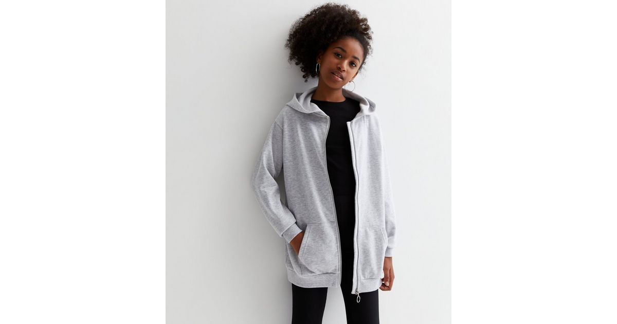 Girls Grey Zip Up Longline Hoodie