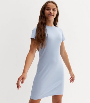 Girls Pale Blue Ribbed Crew Neck Dress 