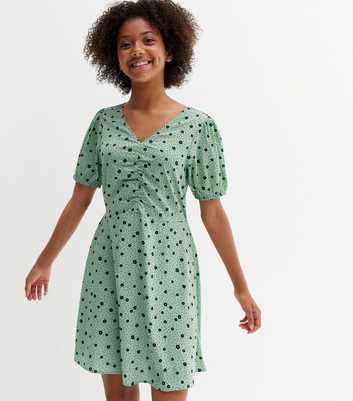 Girls Green Floral Spot Ruched Puff Sleeve Dress