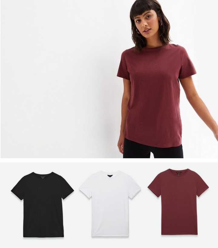 3 Pack Black White and Dark Red Crew Neck Short Sleeve T-Shirt