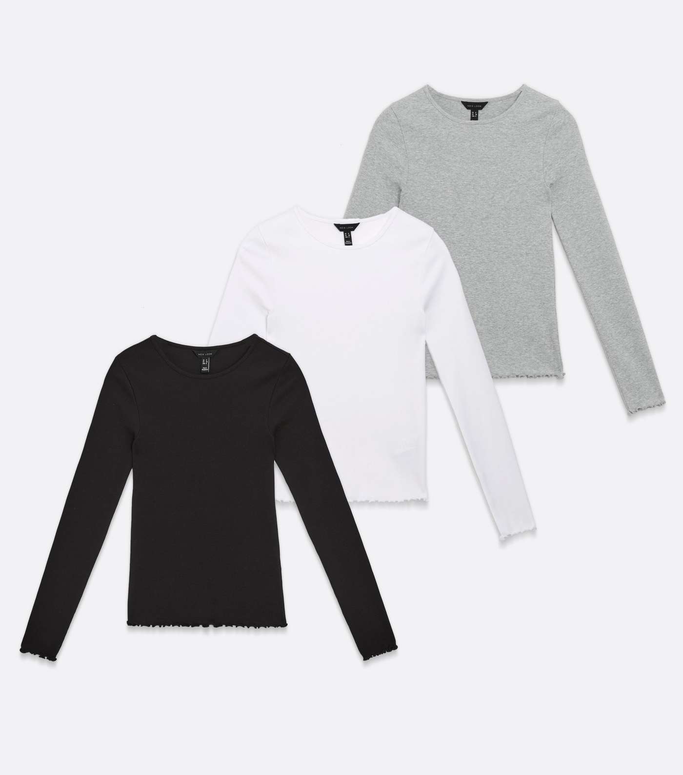 3 Pack Black White and Grey Frill Trim Long Sleeve Tops Image 5