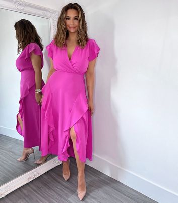 AX Paris Bright Pink Split Wrap Midi Dress | New Look