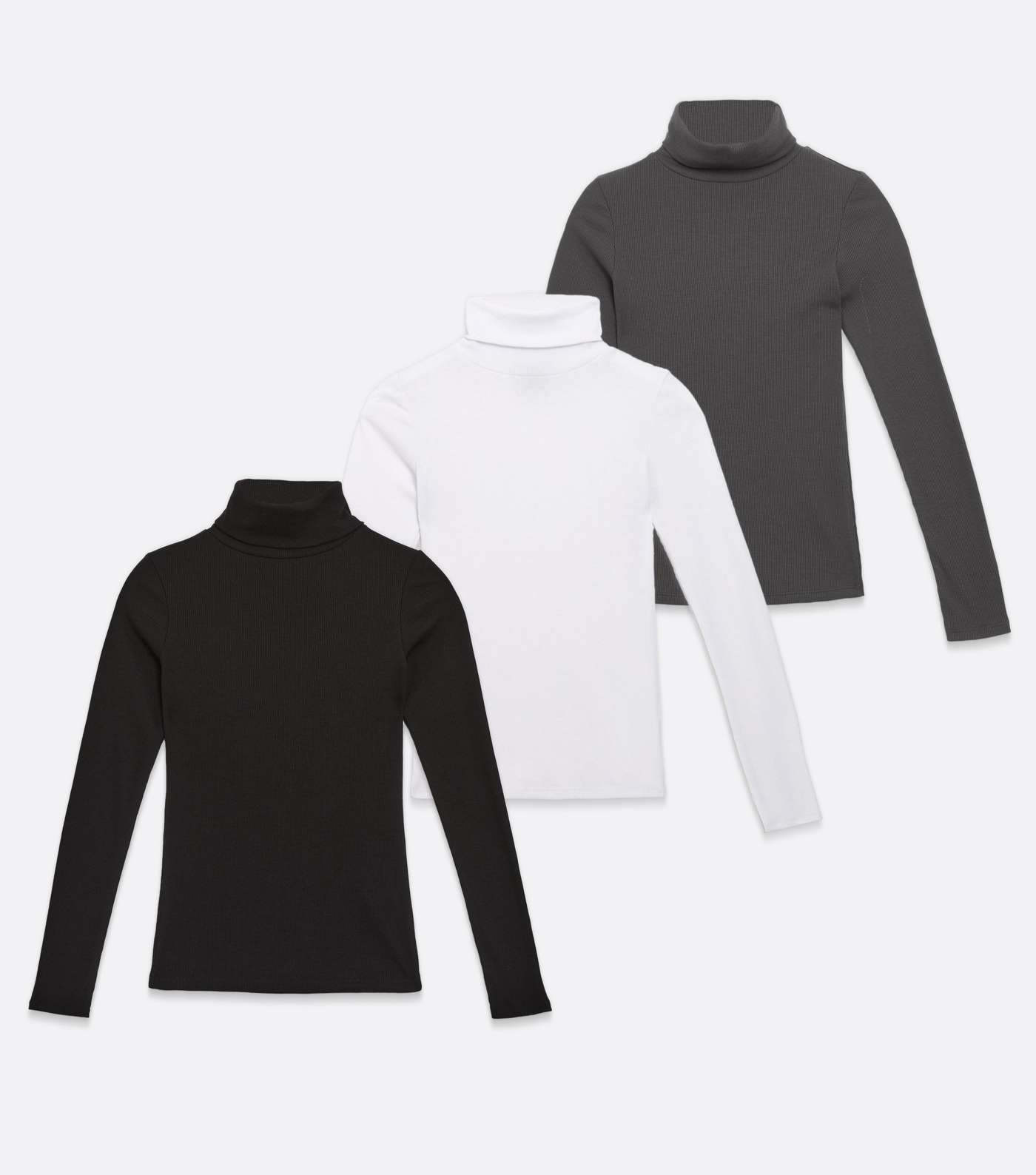 3 Pack Black White and Grey Ribbed Roll Neck Tops Image 5