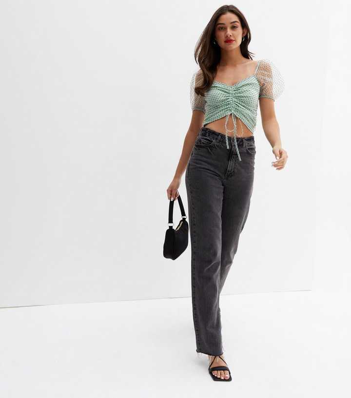 Green Spot Mesh Ruched Front Crop Top