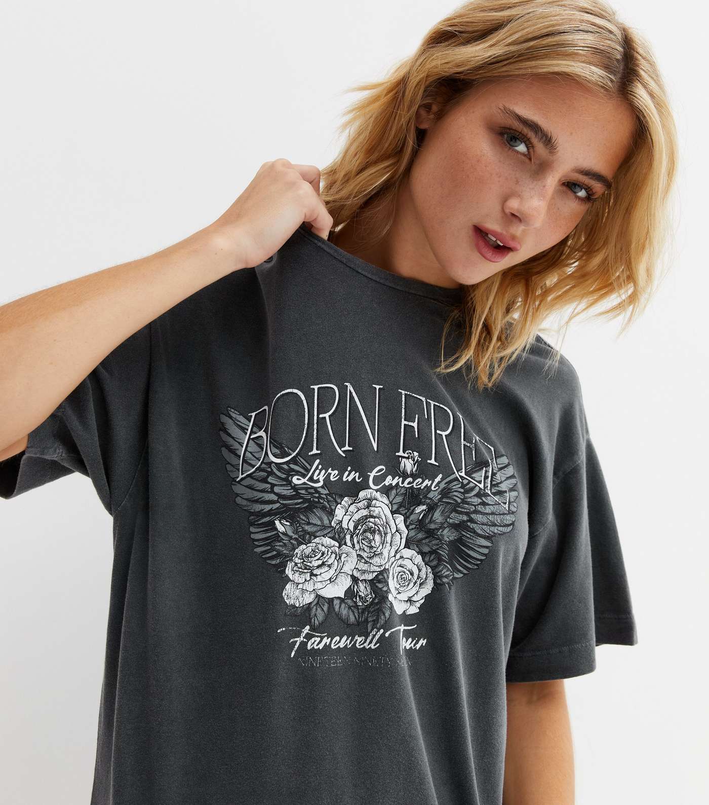 Dark Grey Acid Wash Born Free Logo Oversized T-Shirt