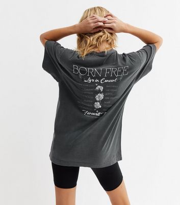 Damen Bekleidung Dark Grey Acid Wash Born Free Logo Oversized T-Shirt
