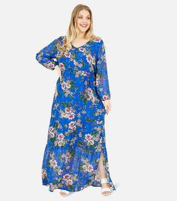 Yumi Curves Blue Floral Button Front Maxi Dress