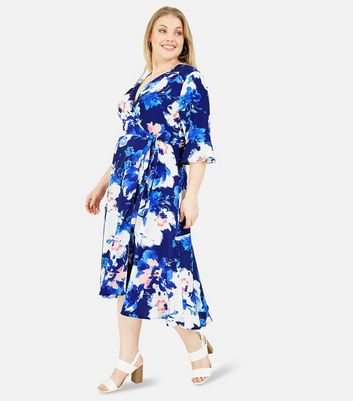 Yumi Curves Navy Floral Midi Wrap Dress New Look