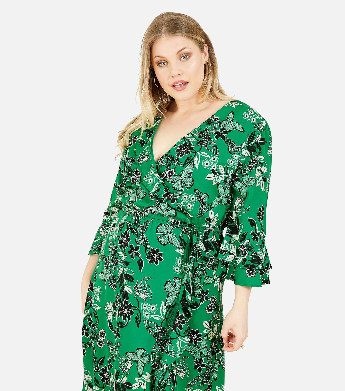 Yumi Curves Green Floral Butterfly Midi Wrap Dress Image 2