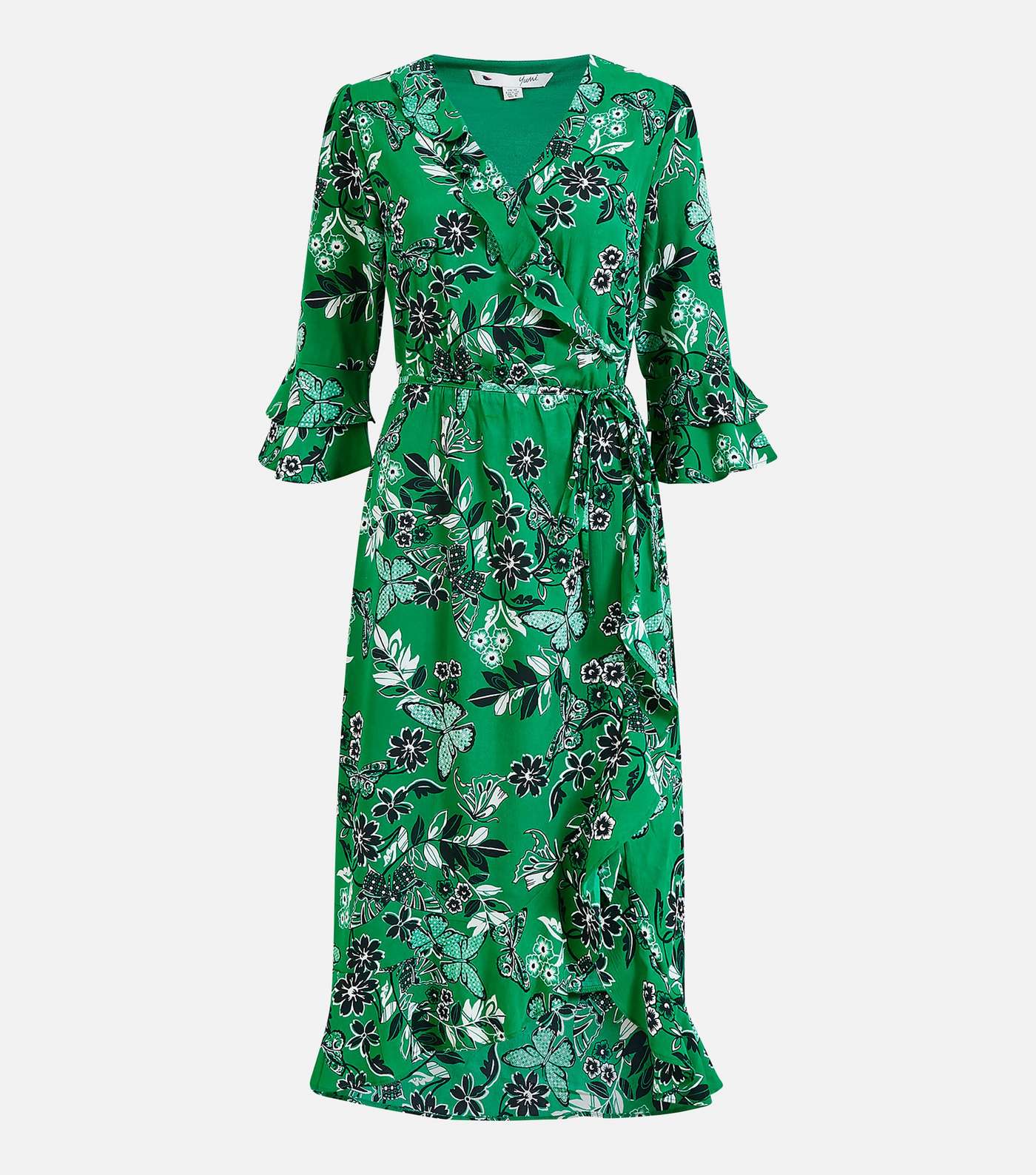 Yumi Curves Green Floral Butterfly Midi Wrap Dress Image 4