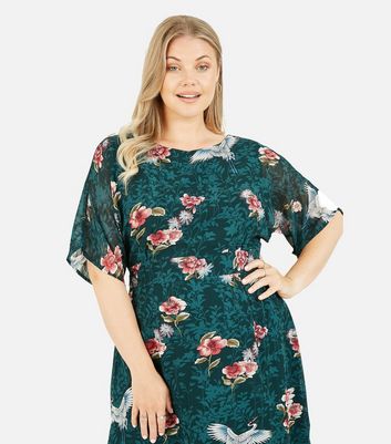 Click to view product details and reviews for Yumi Curves Green Floral Bird Print Dress New Look.