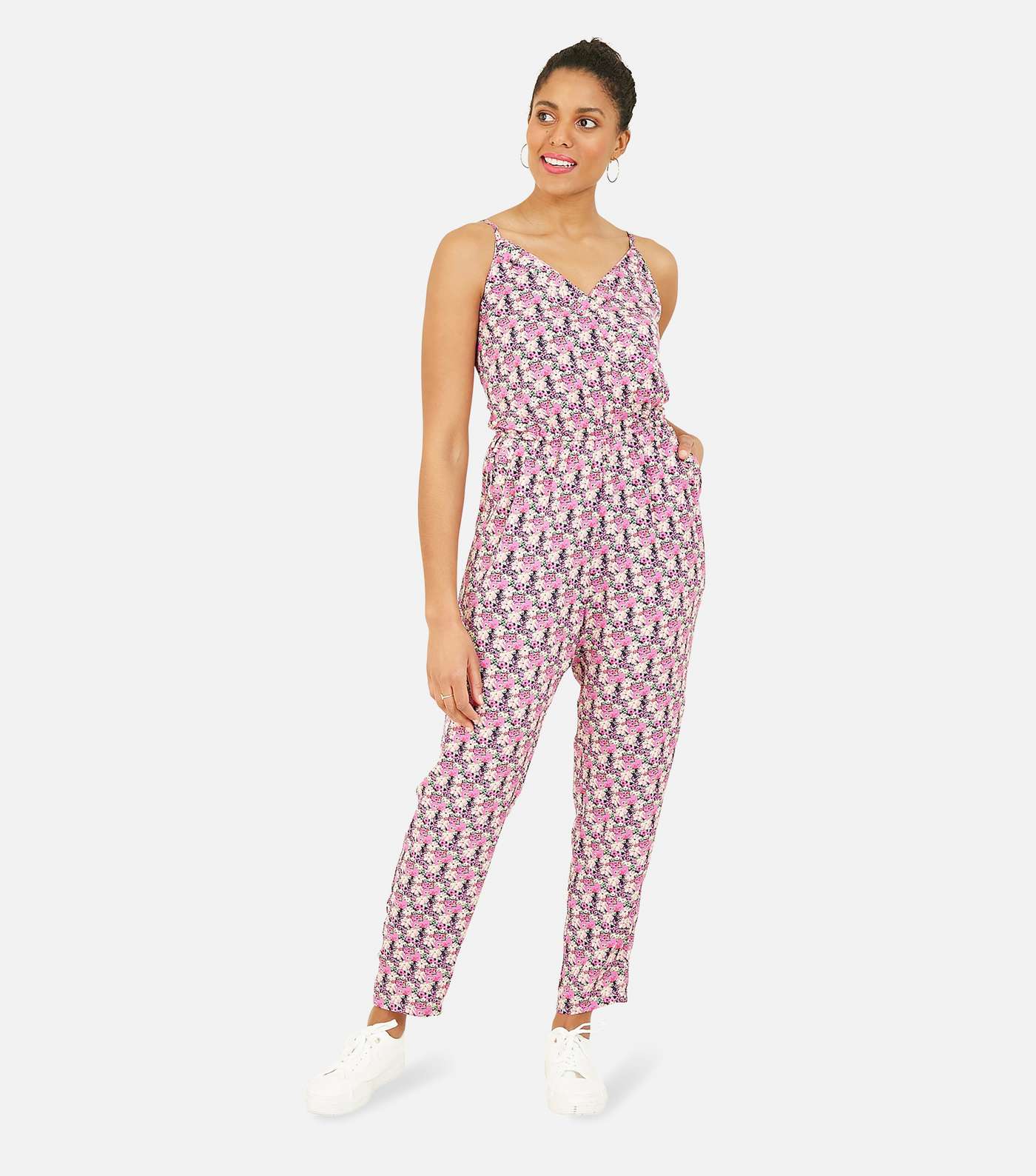 Yumi Bright Pink Ditsy Floral Wrap Jumpsuit