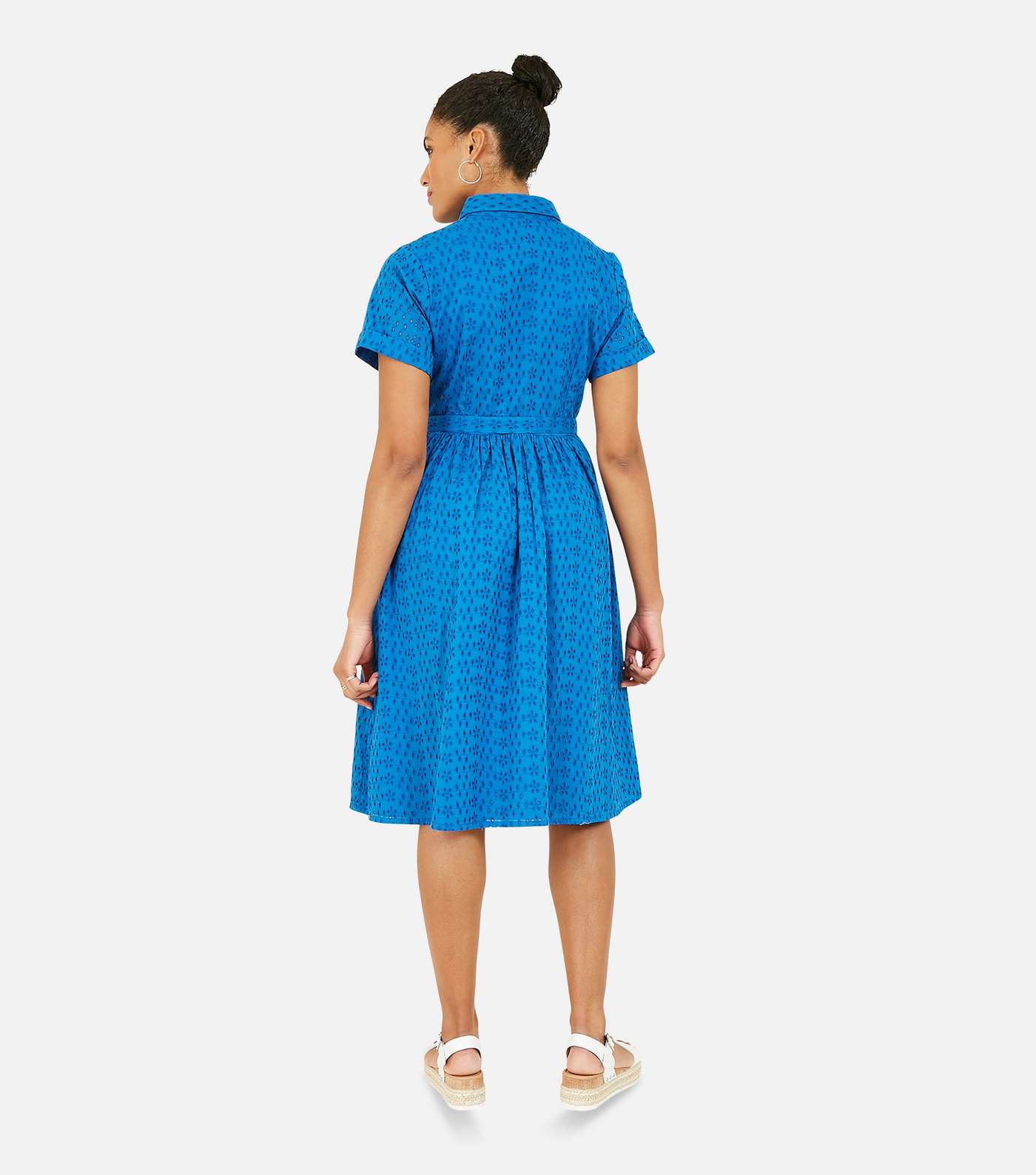 Yumi Blue Broderie Tie Waist Shirt Dress Image 3