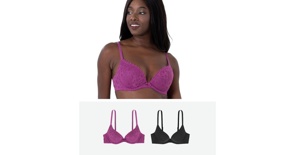 Dorina 2 Pack Purple Lace and Black Plunge Push Up Bra | New Look