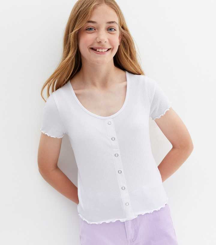 Girls White Ribbed Popper Frill Trim Top