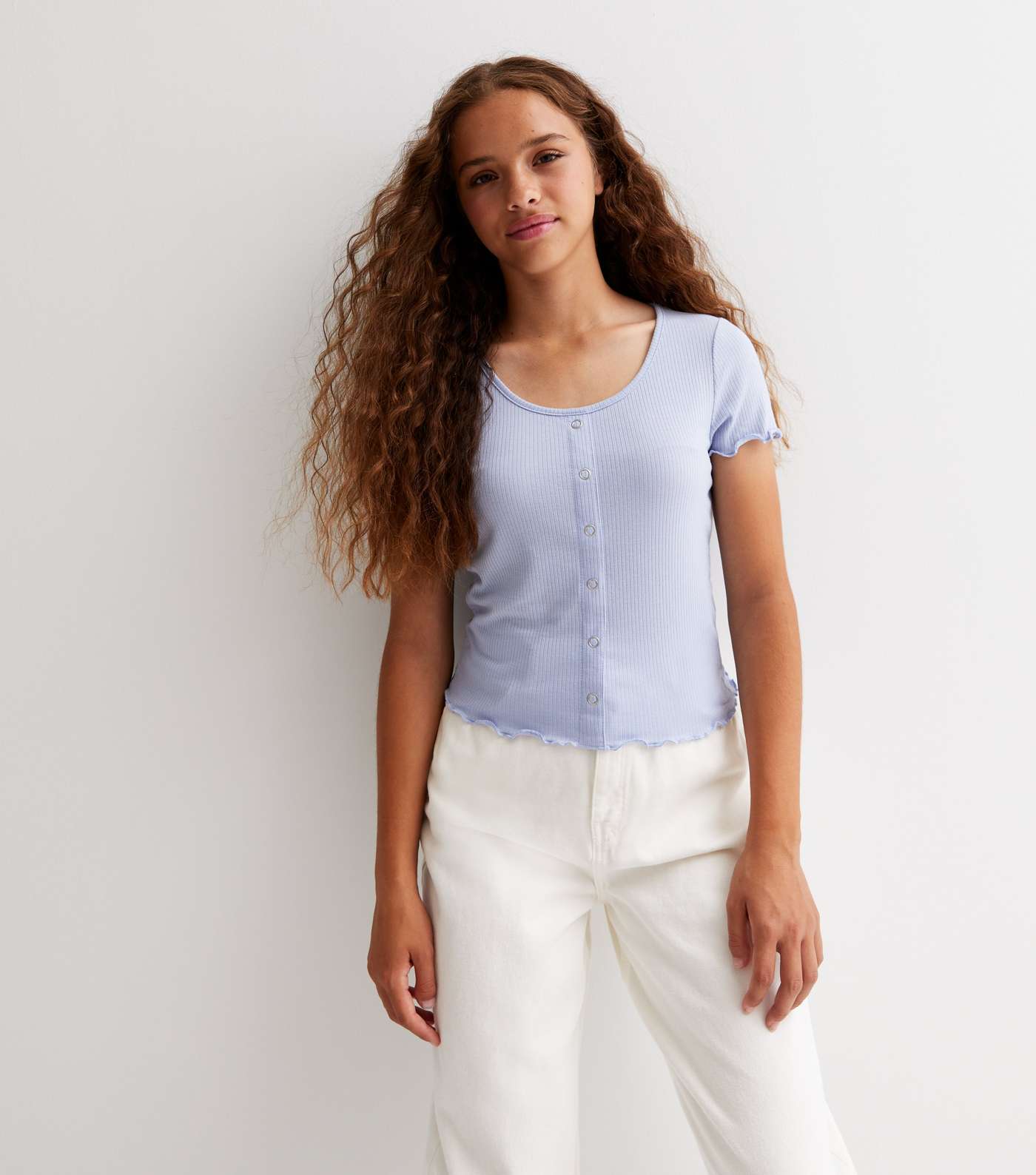 Girls Blue Ribbed Popper Frill Trim Top Image 3